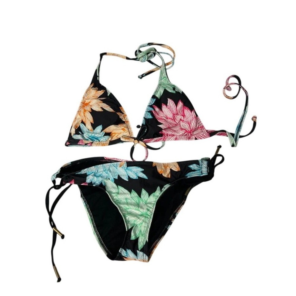 Ella Moss 2 Piece Bikini Women Size M Black NWT Floral‎ Adjustable Tie Swimsuit